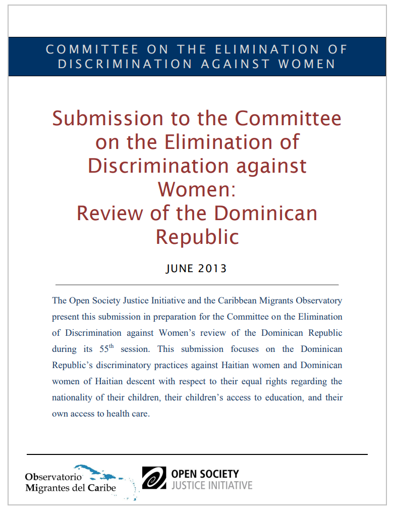 Portada de Alternative report to CEDAW Committee: Gender discrimination in the right to nationality in the DR.